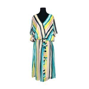 Lane Bryan blue yellow striped chiffon short sleeves midi dress size 28